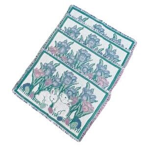 Vintage Woven Easter Placemats – Tulips & Bunny – 18"x12"- W Fringe Set of 4 EUC